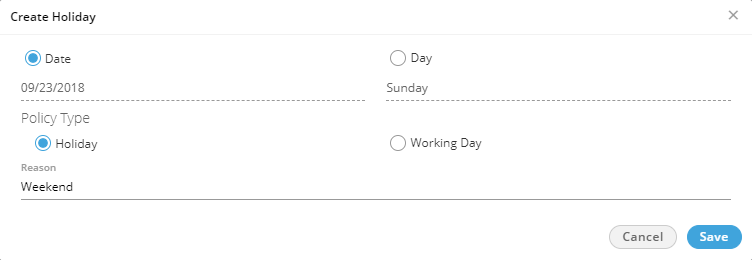 Create Holiday or Working Day