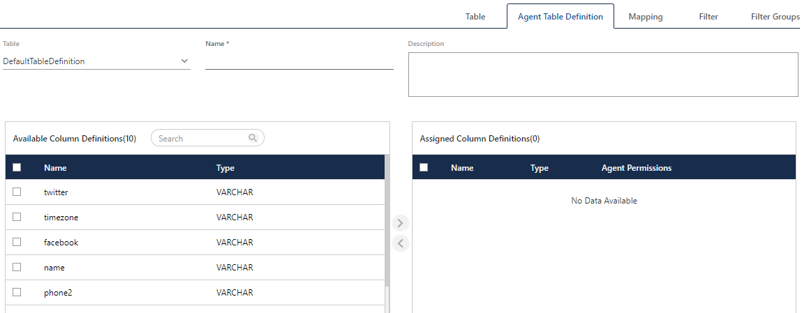 Create New Agent Table Definition