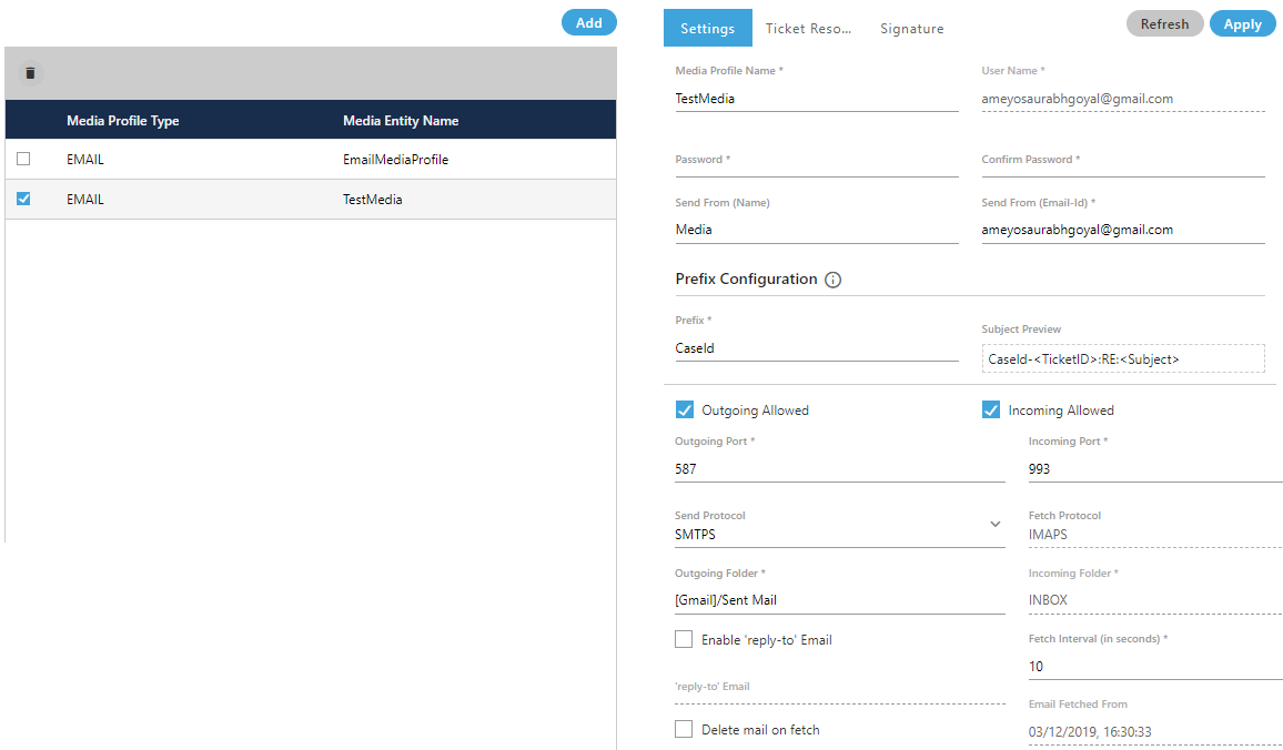 Settings of Email Profile