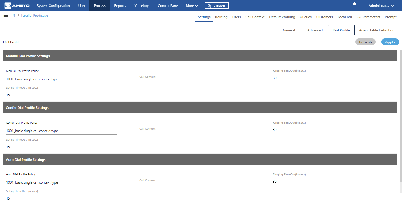 Dial Profile Settings Configured Dial Profiles