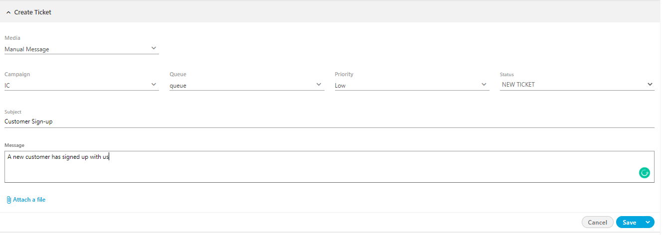New Ticket with Manual Message
